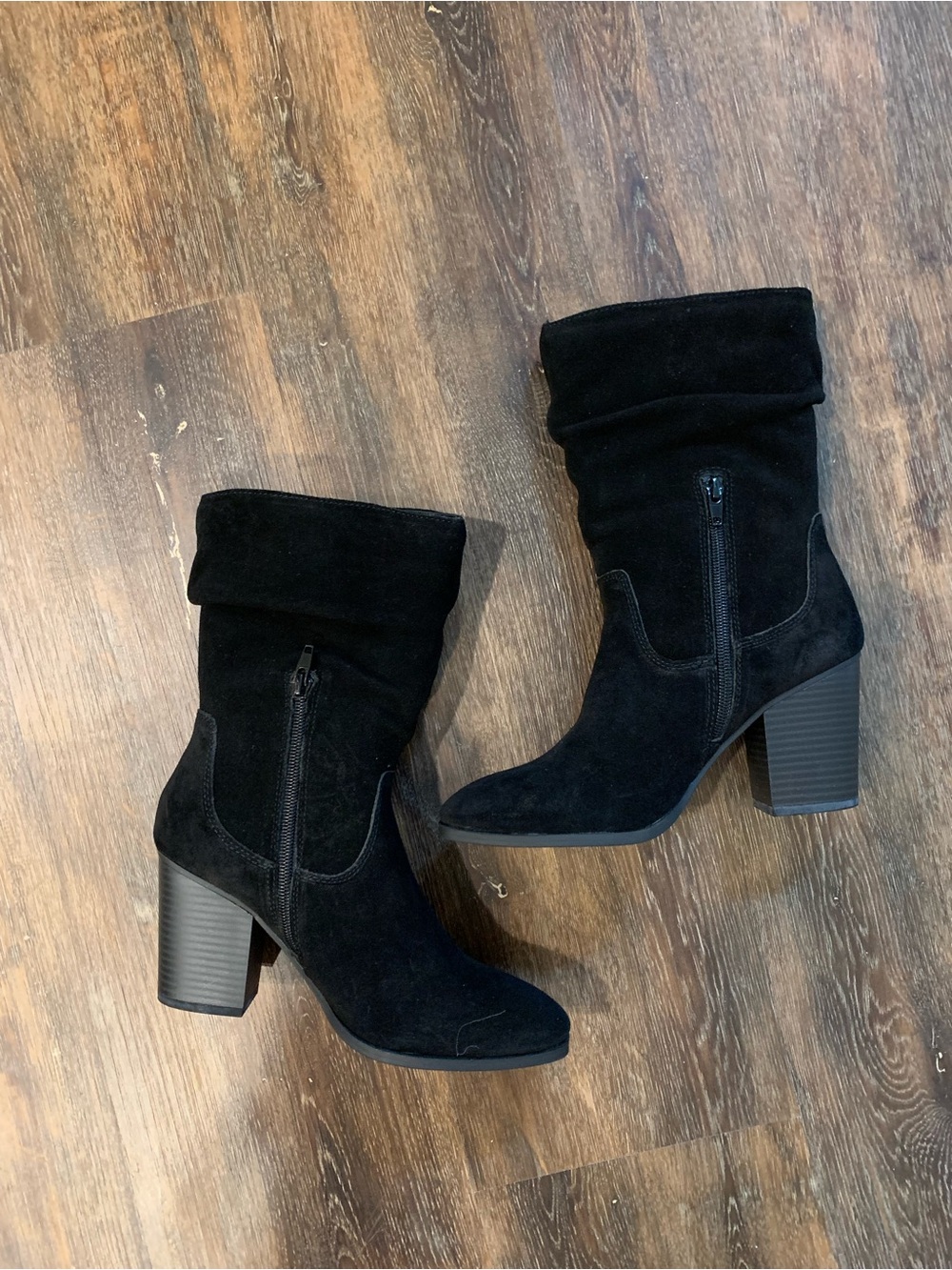 belk Black Suede Mid-Calf Slouch Block Heel Boots